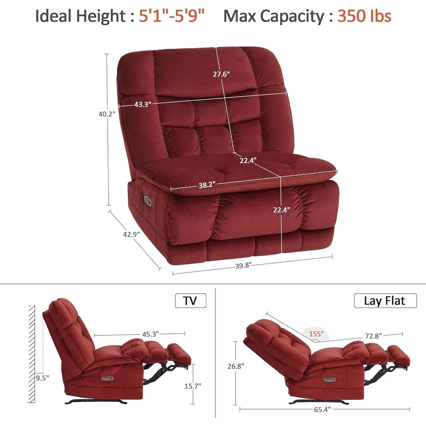 MCombo Fauteuil inclinable électrique sans accoudoirs surdimensionné à double moteur, inclinable Zeroarms parfait pour le salon en tissu PR607