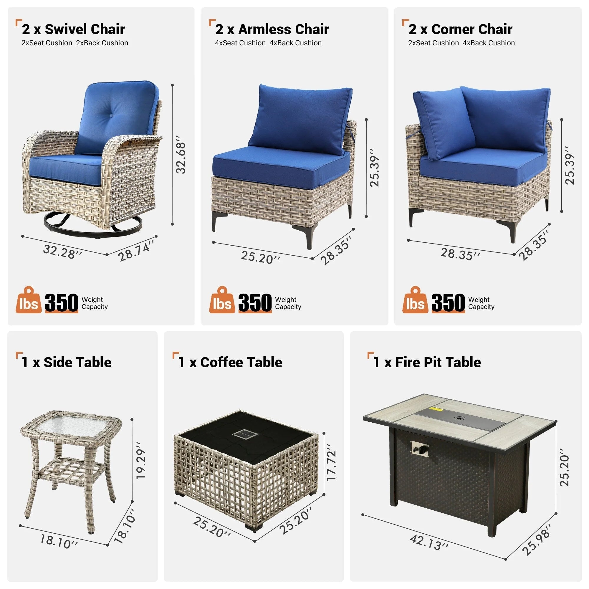 Ensemble de 9 chaises pivotantes en osier d'extérieur OVIOS avec table brasero