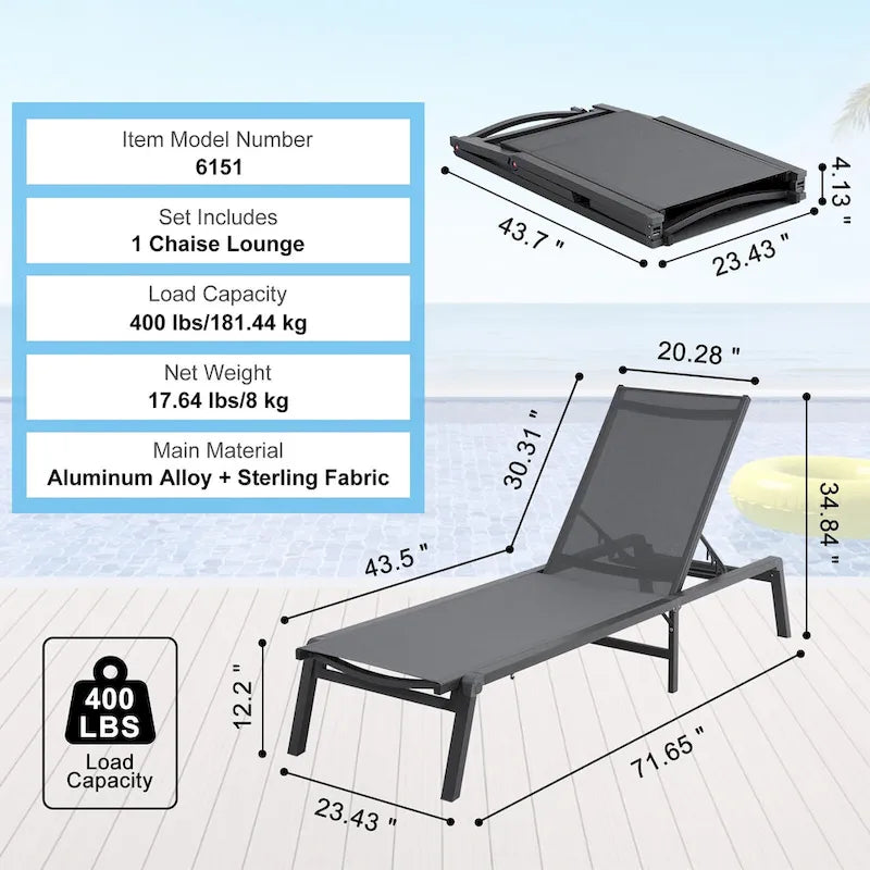 Chaises longues d'extérieur, chaises longues de patio en aluminium avec 5 positions réglables, chaises longues de piscine pliantes inclinables
