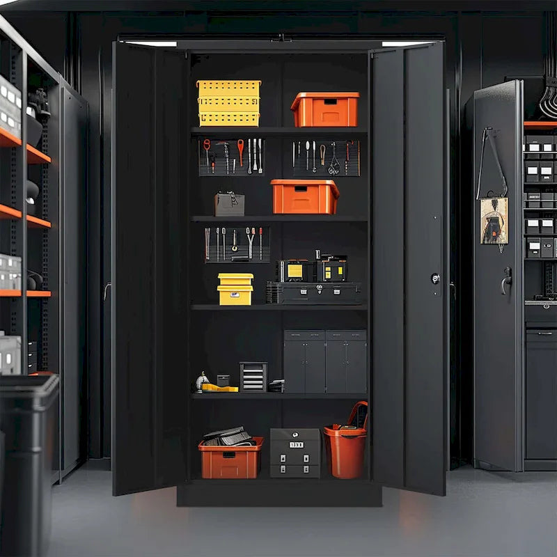 Armoire de rangement de garage en métal 72H, armoire de rangement noire en acier avec portes et 4 étagères