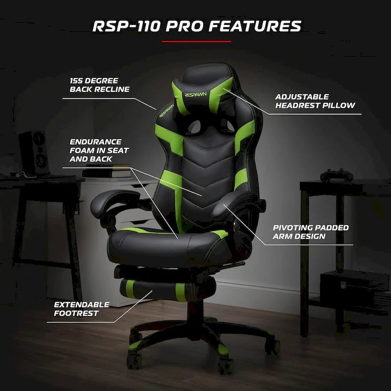 Chaise de jeu RESPAWN 110 Pro - Chaise de jeu avec repose-pieds, chaise de bureau ergonomique