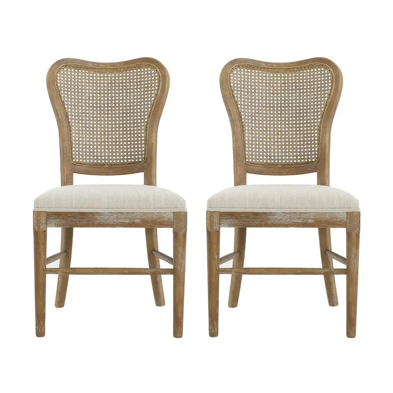 Chaises de salle à manger en bois d'hévéa de style fermier avec dossier en rotin (deux chaises par ensemble).