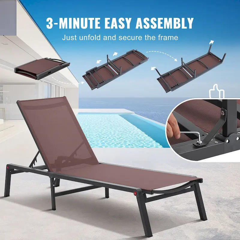 Chaises longues d'extérieur, chaises longues de patio en aluminium avec 5 positions réglables, chaises longues de piscine pliantes inclinables