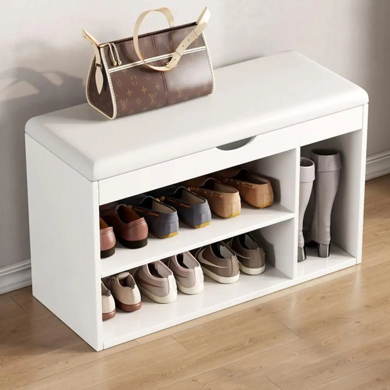 Banc de rangement à chaussures en bois massif avec coussin et étagère ouverte
